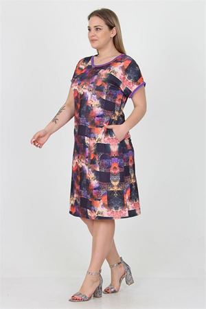 Neşeli butik kadın lila desenli midi boy büyük beden viskon elbise AYSL19