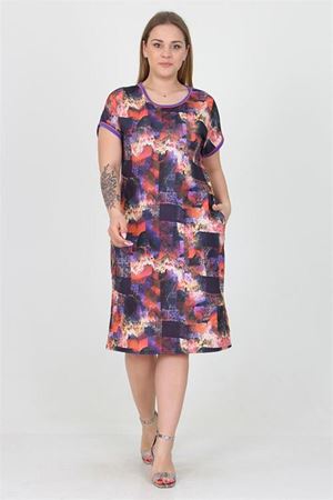 Neşeli butik kadın lila desenli midi boy büyük beden viskon elbise AYSL19