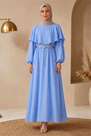 Neşeli butik kadın mavi bel zincir kemerli pelerin detaylı premium tesettür elbise NBELB015