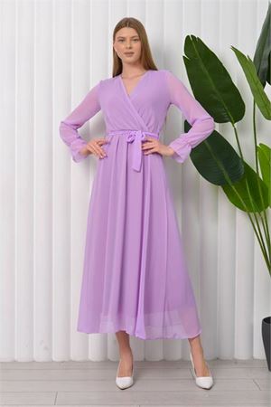 Neşeli butik kadın kuşaklı uzun şifon elbise NB003 - Lila