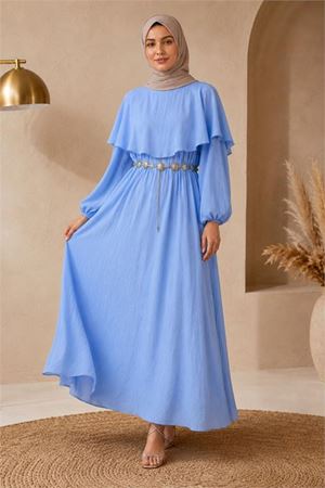 Neşeli butik kadın mavi bel zincir kemerli pelerin detaylı premium tesettür elbise NBELB015
