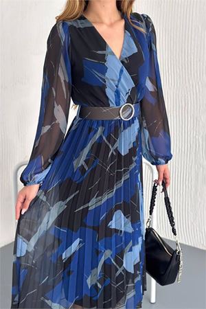 Neşeli butik kadın astarlı midi boy şifon elbise NBK20301