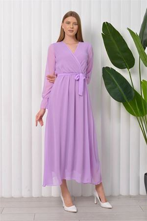 Neşeli butik kadın kuşaklı uzun şifon elbise NB003 - Lila
