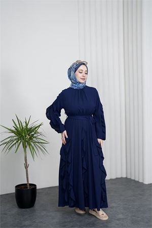 Neşeli butik kadın lacivert fırfırlı kuşak detaylı yazlık premium tesettür elbise --- NBVQ3150