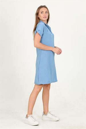 Neşeli butik kadın mavi gömlek yaka kol detaylı midi boy ayrobin elbise LPTR10