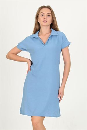 Neşeli butik kadın mavi gömlek yaka kol detaylı midi boy ayrobin elbise LPTR10