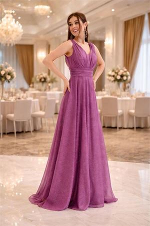 Neşeli butik kadın lila v yaka simli tül abiye elbise NBS9223