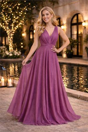 Neşeli butik kadın lila v yaka simli tül abiye elbise NBS9223