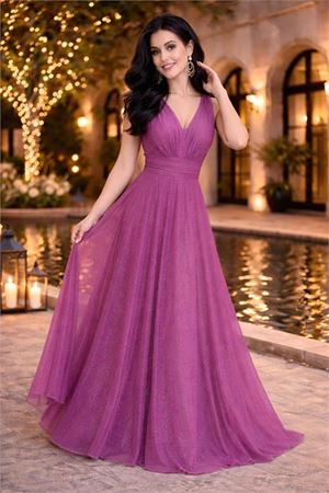 Neşeli butik kadın lila v yaka simli tül abiye elbise NBS9223