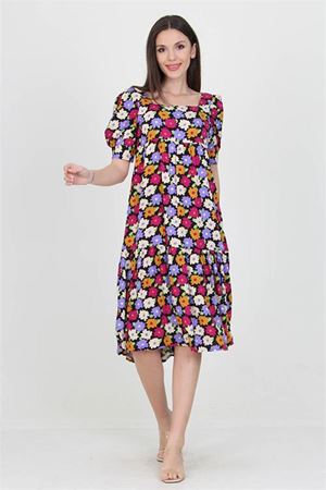 Neşeli butik kadın lila kare yaka eteği fırfırlı çiçek desenli viskon elbise NB10026