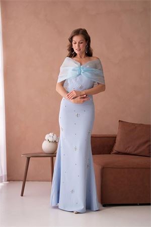 Neşeli butik kadın pembe tül ve taş detaylı abiye elbise NBS9372