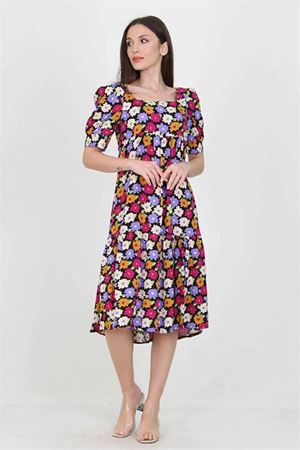Neşeli butik kadın lila kare yaka eteği fırfırlı çiçek desenli viskon elbise NB10026