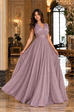 Neşeli butik kadın lila janjan kumaş kruvaze yaka bel detaylı abiye elbise NBMY4057