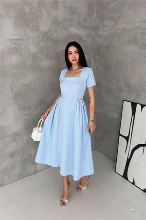 Neşeli butik kadın mavi kare yaka taş detaylı etek drapeli midi boy elbise ---- NBK4621