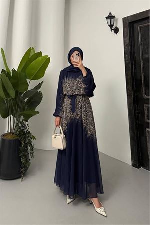 Neşeli butik kadın leopar desenli şifon tesettür elbise NMS055