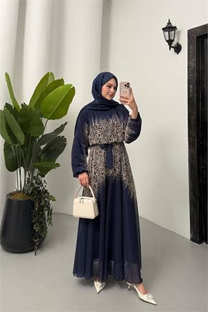 Neşeli butik kadın leopar desenli şifon tesettür elbise NMS055