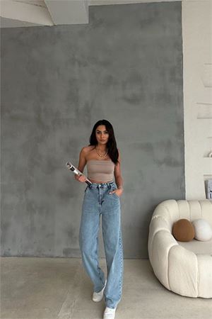 Neşeli butik kadın likralı yüksek bel baggy jean NBR001
