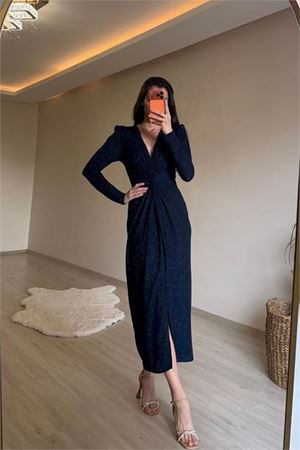 Neşeli butik kadın mavi bel büzgü detaylı yırtmaçlı midi boy abiye elbise NM027