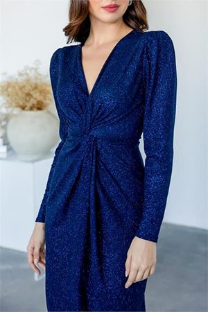 Neşeli butik kadın büzgü detaylı simli gece elbisesi NBMY3633