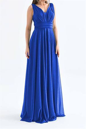 Neşeli butik kadın mavi v yaka simli tül abiye elbise NBS9223
