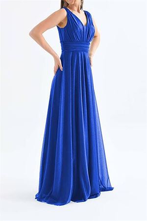 Neşeli butik kadın mavi v yaka simli tül abiye elbise NBS9223
