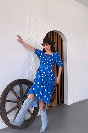 Neşeli butik kadın kemerli kare yaka çiçekli midi boy elbise NBKS4104