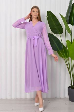 Neşeli butik kadın bağlama detaylı uzun şifon elbise KTS003 - Lila