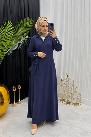 Neşeli butik kadın lacivert kol düğme detaylı beğlamalı tesettür ferace elbise --- NMS097