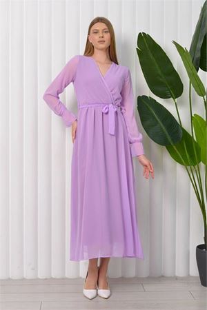 Neşeli butik kadın bağlama detaylı uzun şifon elbise KTS003 - Lila