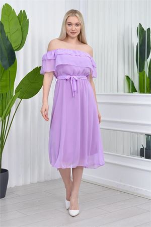 Neşeli butik kadın carmen yaka astarlı şifon elbise RY8060 - Lila
