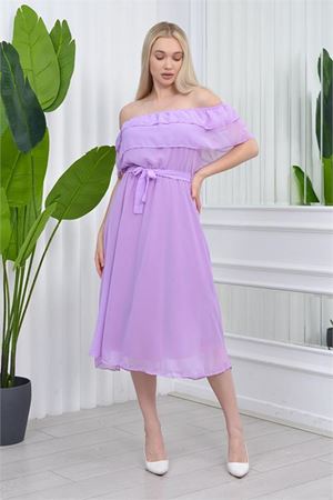 Neşeli butik kadın carmen yaka astarlı şifon elbise RY8060 - Lila