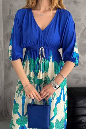 Neşeli butik kadın V-yaka desenli dokuma viskon elbise NBK2092