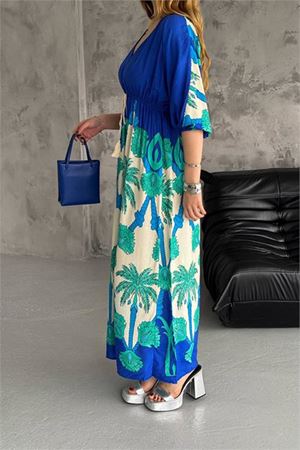 Neşeli butik kadın V-yaka desenli dokuma viskon elbise NBK2092