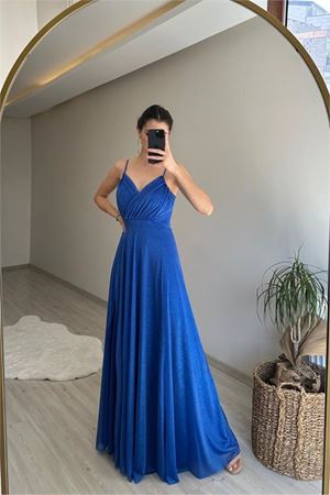 Neşeli butik kadın ışıltılı askılı yırtmaç detayı şifon abiye elbise NM002