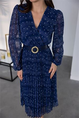 Neşeli butik kadın kemerli puantiye desenli şifon elbise NBMY3286