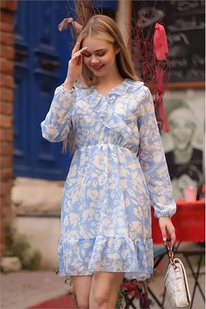 Neşeli butik kadın mavi kruvaze yaka detaylı eteği fırfırlı şifon elbise RSSN20
