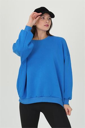 Neşeli butik kadın mavi oversize bisiklet yaka şardonlu sweatshirt FVR001