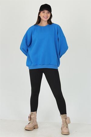 Neşeli butik kadın mavi oversize bisiklet yaka şardonlu sweatshirt FVR001