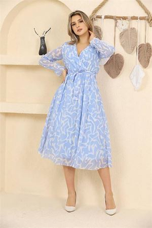 Neşeli butik kadın mavi desenli şifon elbise RSSN32