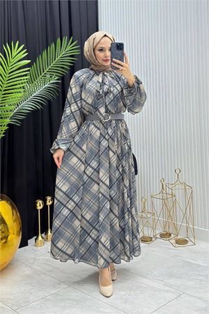 Neşeli butik kadın mavi ekose desen yaka bağlama detaylı tül kumaş tesettür elbise NMS087