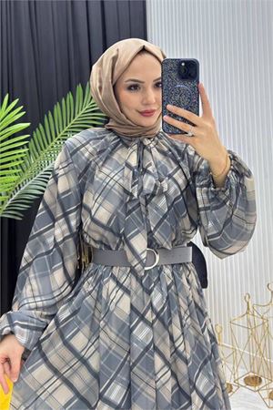 Neşeli butik kadın mavi ekose desen yaka bağlama detaylı tül kumaş tesettür elbise NMS087