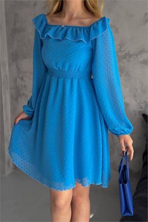 Neşeli butik kadın mavi madonna yaka mini ponpon şifon elbise NBK2057