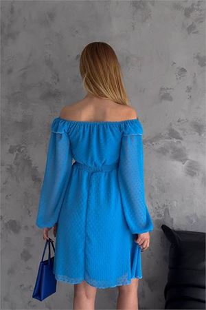 Neşeli butik kadın mavi madonna yaka mini ponpon şifon elbise NBK2057
