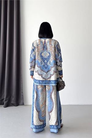 Neşeli butik kadın mavi ithal kumaş desenli gömlek pantolon ikili tasarım takım NBMS26107