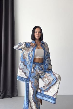 Neşeli butik kadın mavi ithal kumaş desenli gömlek pantolon ikili tasarım takım NBMS26107
