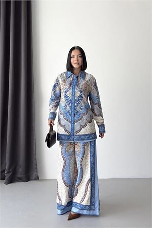 Neşeli butik kadın mavi ithal kumaş desenli gömlek pantolon ikili tasarım takım NBMS26107