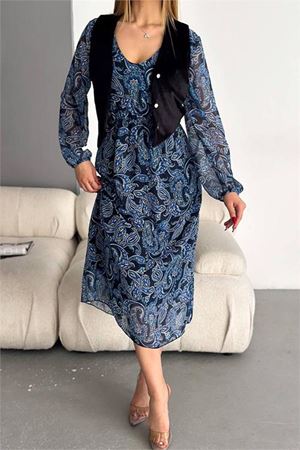 Neşeli butik kadın yelek görünümlü astarlı midi şifon elbise NBKKLF2003
