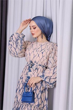 Neşeli butik kadın şifon eteği fırfırlı desenli tesettür elbise SMS008