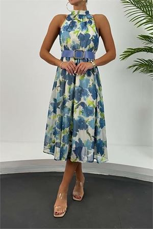 Neşeli butik kadın kemerli midi boy şifon elbise NBMY3432