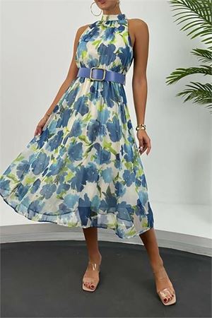 Neşeli butik kadın kemerli midi boy şifon elbise NBMY3432
